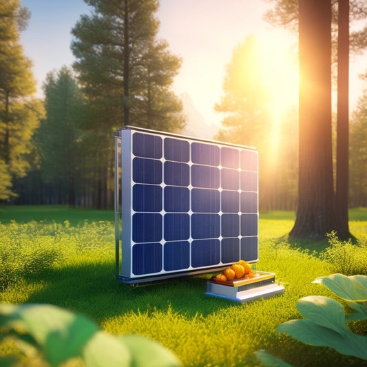 A futuristic illustration of a solar panel array connected to a sleek, silver lithium-ion battery bank, surrounded by greenery, with sunlight rays illuminating the clean energy setup.