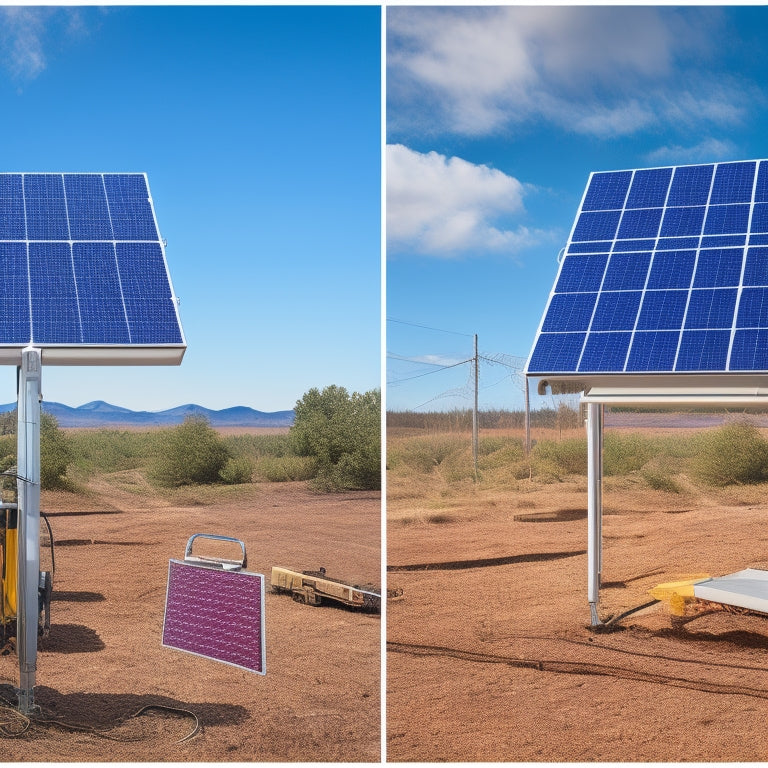 A split-screen image: on the left, a cluttered, DIY-installed solar panel array with tangled wires and unevenly spaced panels; on the right, a neatly installed array with organized wiring and uniform panel spacing.