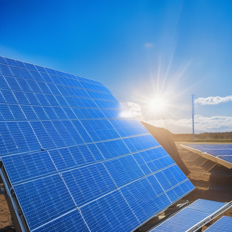 A close-up of a solar battery with intricate wiring, set against a backdrop of solar panels under a bright blue sky, showcasing energy flow indicators and a sleek, modern design with a hint of sunlight reflecting off the surface.