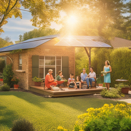 A vibrant outdoor scene showing a family setting up portable solar panels in their backyard, contrasted with a traditional solar panel roof, surrounded by lush greenery and sunlight streaming down, highlighting mobility and energy efficiency.
