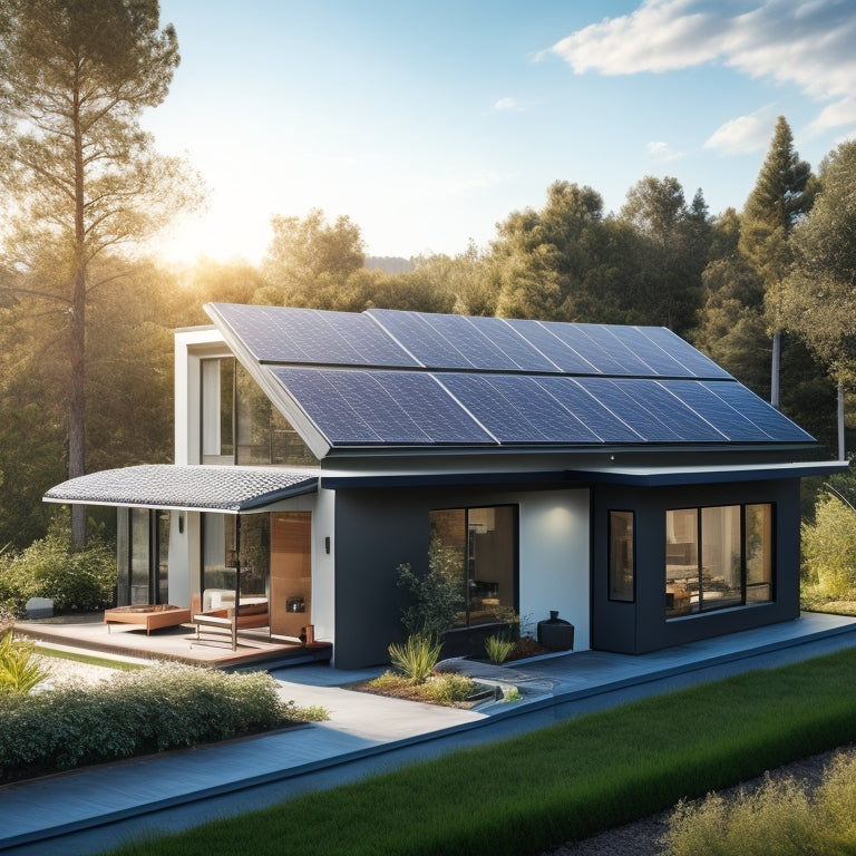 A serene, modern home surrounded by lush greenery, with a sleek, compact battery system installed on the exterior wall, connected to a rooftop solar panel array, under a bright blue sky.