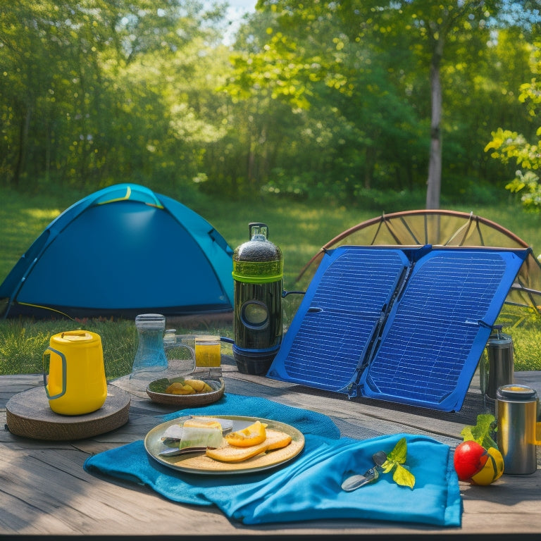 A vibrant outdoor scene featuring a variety of portable solar fans arranged on a picnic table, surrounded by lush greenery, a sunny blue sky, and camping gear, capturing the essence of outdoor adventures.