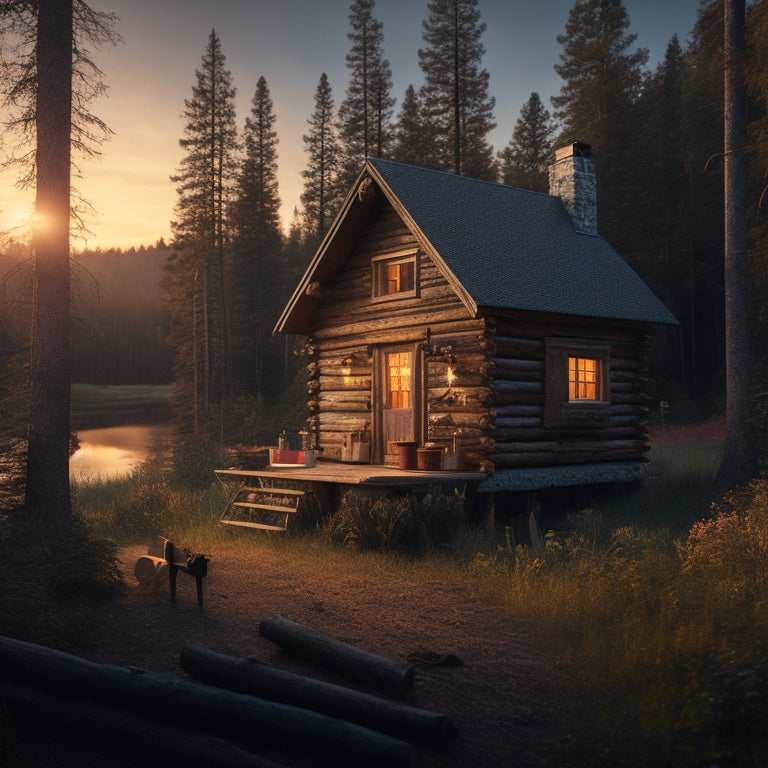 A serene forest landscape with a small, rustic cabin in the center, surrounded by DIY kit materials like wooden planks, hammers, and toolboxes, with a subtle sunset glow.
