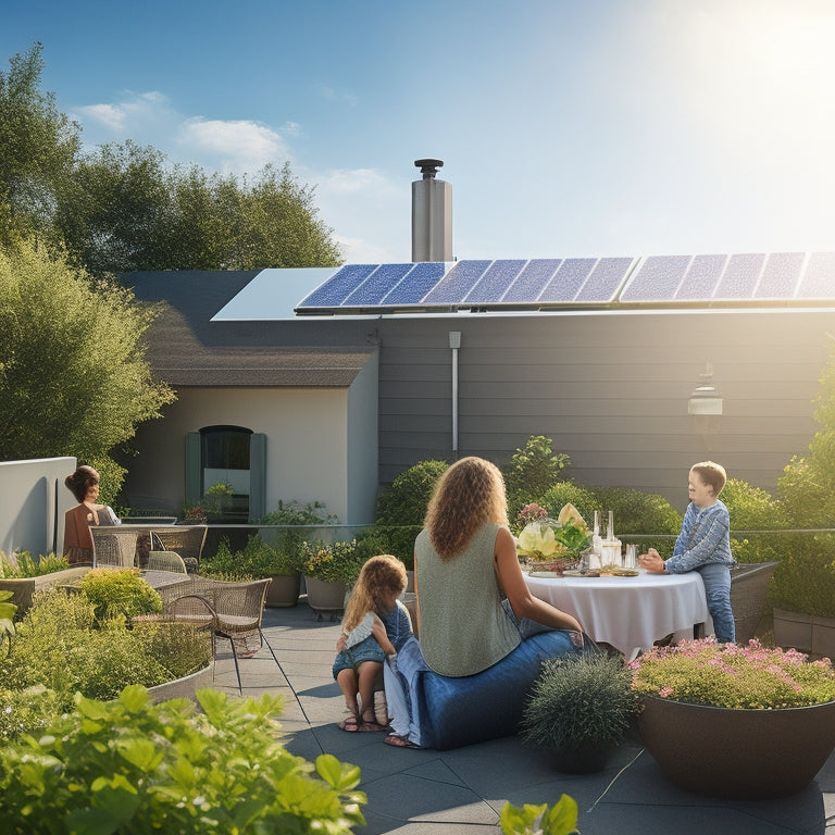 A sunlit rooftop adorned with sleek solar panels, surrounded by a vibrant garden, showcasing a family enjoying the outdoors, while a clear blue sky enhances the eco-friendly atmosphere.