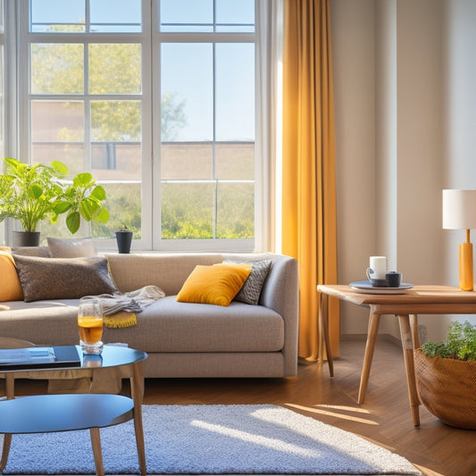 A bright and modern living room with a laptop open on a coffee table, surrounded by energy-efficient light bulbs, a smart thermostat, and a window with a closed curtain, set against a sunny outdoor background.
