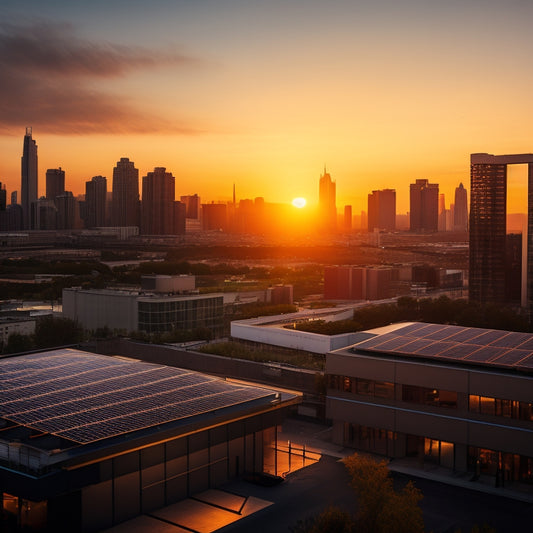 A serene cityscape at dusk with a sleek, modern high-rise building featuring a sprawling rooftop solar system, with rows of gleaming black panels angled towards the setting sun.