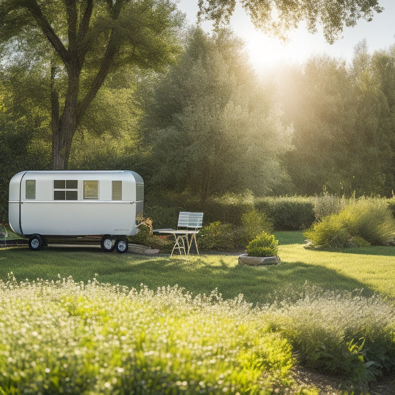 A serene backyard with a small, sleek, silver portable solar panel array on a wheeled trailer, surrounded by lush greenery, with a subtle sun glow in the clear blue sky.