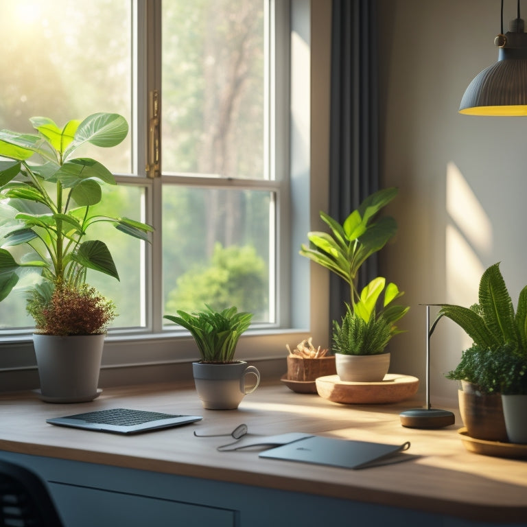 A bright, sunny room with a large window, lush green plants, and a minimalist desk with a laptop and a small, sleek energy-efficient light bulb, surrounded by subtle, calming earth tones.