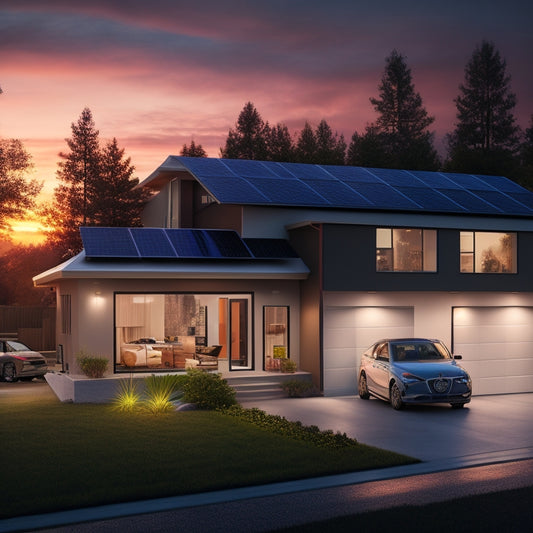 An illustration of a modern home with solar panels on the roof, a sleek battery backup system in the garage, and a subtle glow of lights and electronics inside the house at dusk.