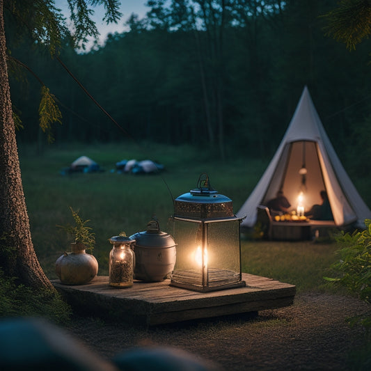 A serene off-grid campsite at dusk, featuring an array of glowing solar-powered lanterns illuminating a rustic wooden table surrounded by lush greenery, a cozy tent, and twinkling stars above.