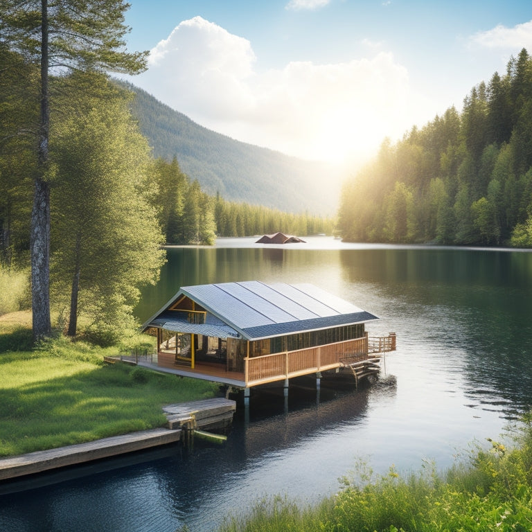 A serene off-grid landscape featuring compact solar panel kits on a rustic cabin roof, surrounded by lush greenery, a tranquil lake, and a bright blue sky, emphasizing sustainability and harmony with nature.