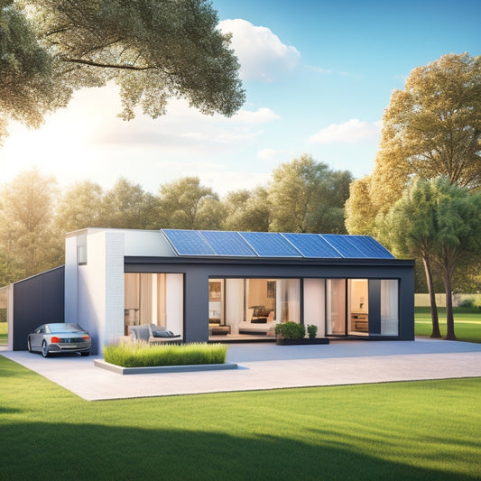 An illustration of a modern home with a sleek, silver battery storage system installed in the garage, surrounded by solar panels on the roof and a green lawn with a few trees.
