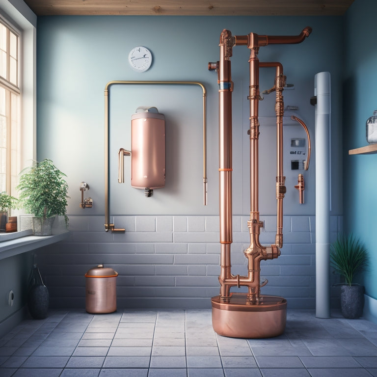 A warm and inviting illustration of a modern home's plumbing system, showcasing a sleek water heater, copper pipes, and valves, with subtle steam rising from the heater and a few water droplets suspended mid-air.