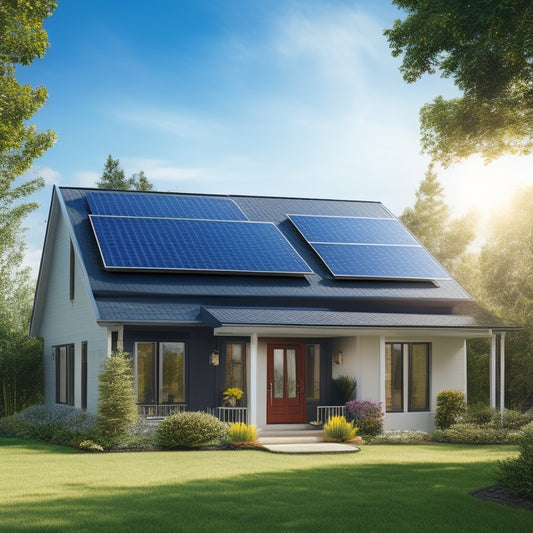 A serene suburban home with sleek, black solar panels installed on the roof, surrounded by lush greenery and a bright blue sky with a few puffy white clouds.