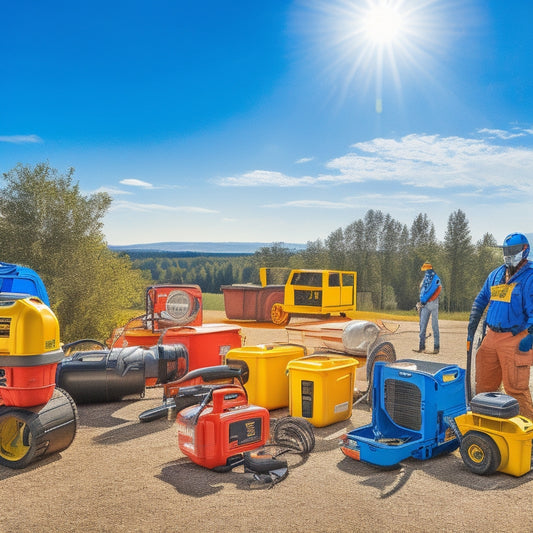 A vibrant outdoor scene showcasing a diverse range of portable power equipment, including generators and leaf blowers, surrounded by safety gear: helmets, goggles, gloves, and caution signs, all under a clear blue sky.