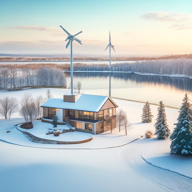 A serene winter landscape with a modern, earth-toned home in the center, surrounded by snow-covered trees and a frozen lake, with solar panels on the roof and a wind turbine in the distance.