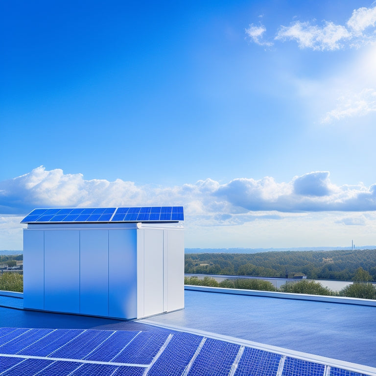 A modern, sleek rooftop with a seamless integration of solar panels and a sleek, compact battery storage unit, set against a bright blue sky with a few wispy clouds.