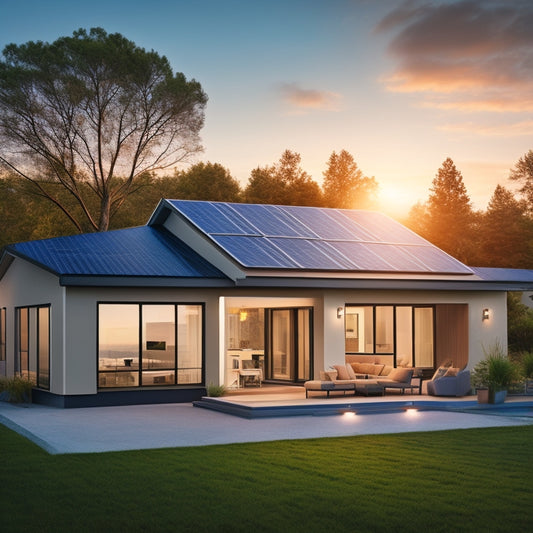 A serene, modern home with solar panels on the roof, a sleek battery backup unit on the side, and a subtle, glowing LED light indicating a seamless power transition during a sunny day.
