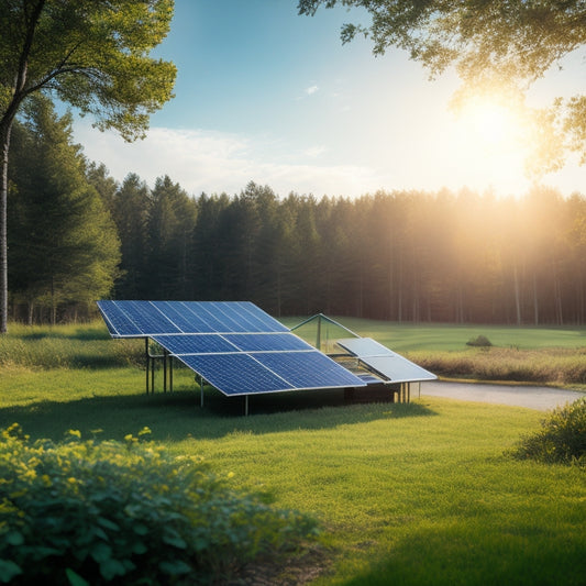 A serene landscape featuring a sleek solar panel installation under bright sunlight, connected to modern lithium-ion batteries, surrounded by lush greenery and a clear blue sky, symbolizing renewable energy and sustainability.