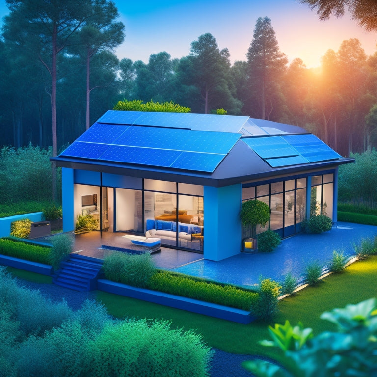A modern, eco-friendly home with solar panels on the roof, surrounded by lush greenery, featuring a sleek, futuristic security system with glowing blue lines and subtle, pulsing lights.