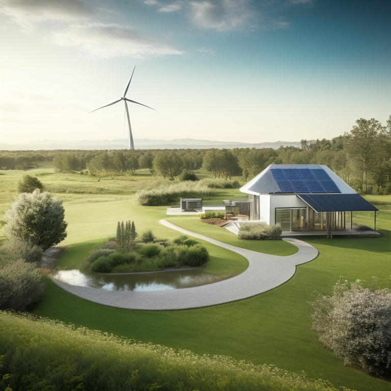 A serene landscape with a modern, sustainable home in the center, surrounded by lush greenery, wind turbines, and solar panels, with a subtle, winding path leading up to the front door.