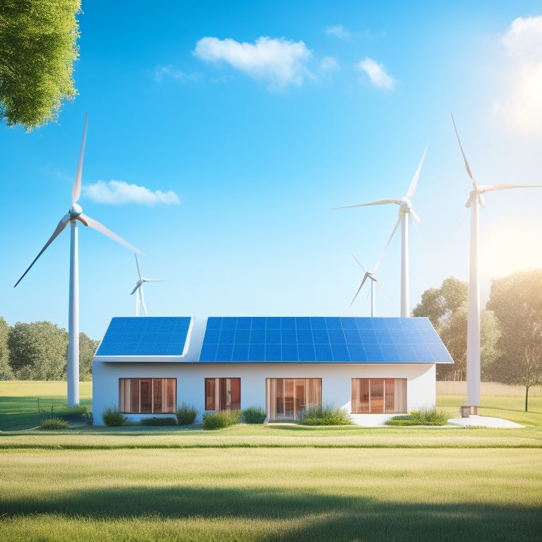 A minimalist illustration of three modern, eco-friendly homes with solar panels and wind turbines, surrounded by lush greenery and a bright blue sky with a few white, puffy clouds.