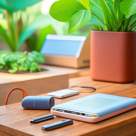 A close-up of a power bank surrounded by a serene workspace, featuring a charging station with a smartphone, laptop, and healthy plants, all bathed in warm, natural light, conveying a sense of care and longevity.