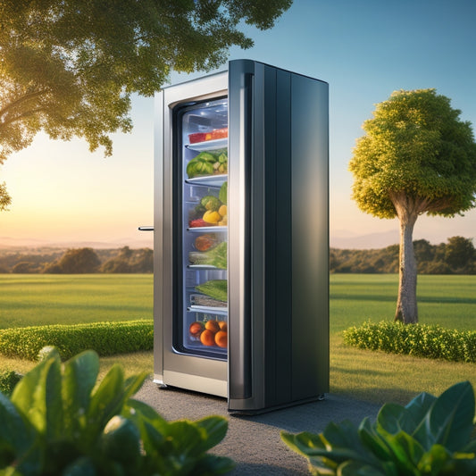 A sleek, futuristic refrigerator made from sustainable materials, surrounded by lush greenery, solar panels on the roof, and a blue sky reflecting clean energy innovations, showcasing vibrant fruits and vegetables inside.