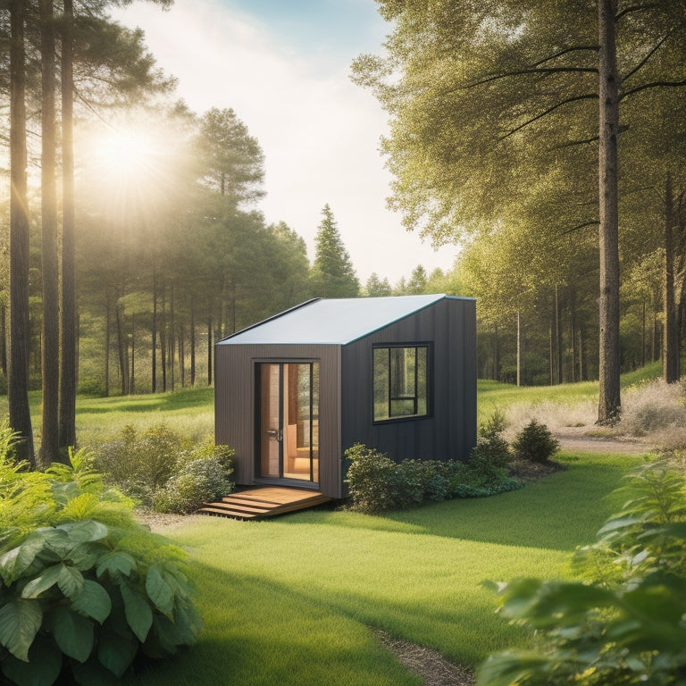 A serene, modern, eco-friendly tiny home amidst lush greenery, with solar panels on the roof, a wind turbine in the distance, and a subtle, shimmering aura around the structure, symbolizing sustainability.