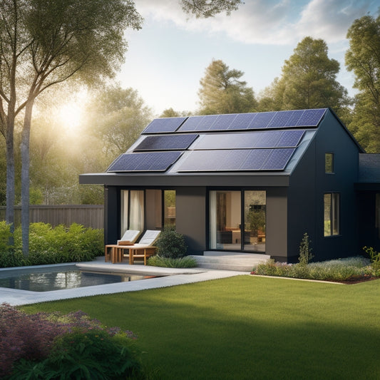 A serene suburban home with a sleek, black solar panel array on the roof, accompanied by a compact, modern battery storage unit in the backyard, surrounded by lush greenery.