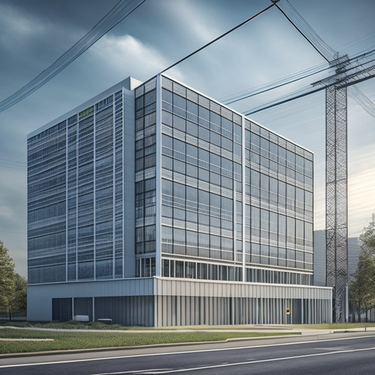 An illustration of a sleek, modern building with a grid of silver panels, contrasted with a cluttered, outdated building with tangled wires and inefficient infrastructure in the background.