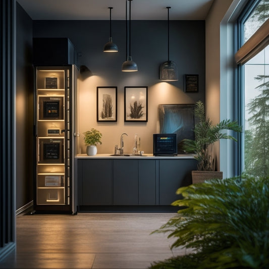 A modern home's interior with a sleek, compact battery backup system installed near a breaker box, surrounded by wires and cables, with a subtle glow emanating from its LED indicators.