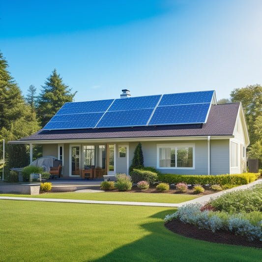 A serene suburban home with a mix of solar panels on the roof, a solar-powered water heater, and a compact solar array on the lawn, surrounded by lush greenery and a bright blue sky.