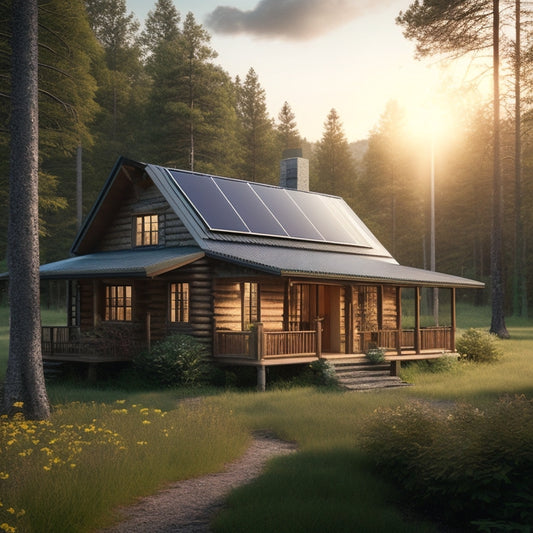 A serene, off-grid homestead with a rustic cabin surrounded by lush greenery, featuring a solar panel array on the roof and a sleek, modern battery bank installed on the exterior wall.