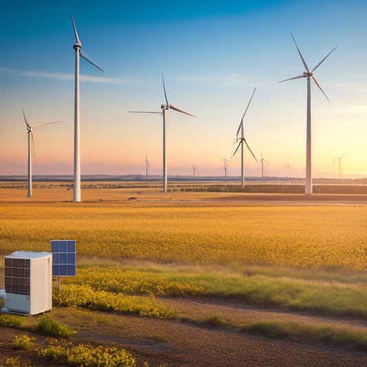 A serene landscape with a wind turbine and solar panels in the background, a sleek inverter unit in the foreground, surrounded by wires, cables, and a subtle grid pattern.