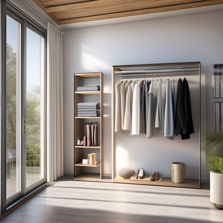 An illustration of a modern, freestanding closet with large, south-facing windows, solar panels on the roof, and a sleek, minimalist interior with a clothes rack and shelves made of sustainable materials.