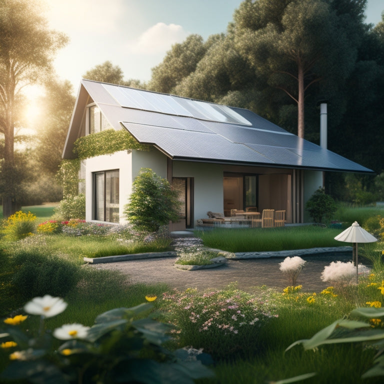 A serene, modern home surrounded by lush greenery, with solar panels on the roof, a wind turbine in the distance, and a small garden with blooming flowers and a bee hive.