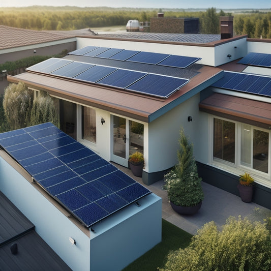 An illustration of a residential rooftop with 12 sleek, black solar panels installed at a 30-degree angle, surrounded by neatly arranged electrical wiring and a central inverter box.