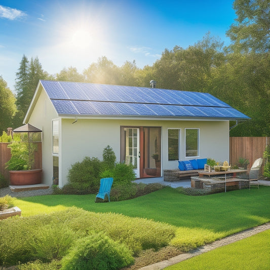 A sunlit backyard featuring a DIY solar kit installation on a modern home roof, surrounded by lush greenery, a clear blue sky, and tools like a ladder and solar panels scattered nearby, showcasing energy independence.
