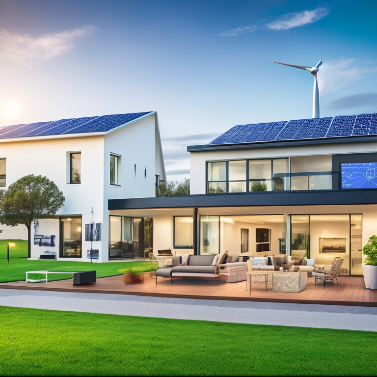 A modern smart home with various devices and gadgets connected to a central hub, displaying real-time energy usage data on a sleek tablet, surrounded by solar panels and a wind turbine outside.