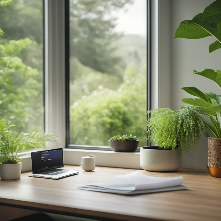 A serene, clutter-free home office with a sleek, compact portable backup system on a minimalist desk, surrounded by lush greenery and a blurred cityscape through a window.