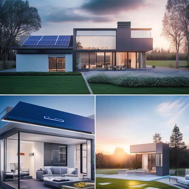 A futuristic, modern home with a sleek rooftop solar panel array, a wall-mounted battery storage system, and a smart home energy management system display on a tablet.