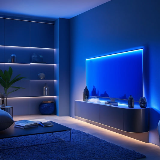 A modern, sleek, and minimalist living room with a prominent feature wall showcasing a series of wall-mounted batteries with glowing blue LED lights and metallic accents.