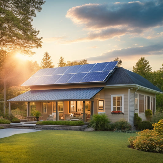 A serene suburban home with solar panels installed on the roof, surrounded by lush greenery, with a subtle sunburst in the background, conveying a sense of eco-friendliness and sustainability.