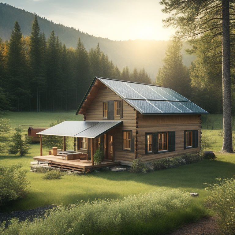 A serene off-grid homestead with a rustic cabin surrounded by lush greenery, featuring a sleek solar panel array on the roof, connected to a battery bank and inverter in the foreground.