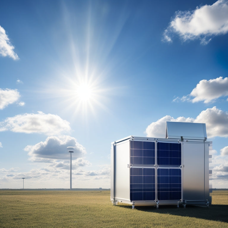 A futuristic, sleek solar power battery generator system with shiny metallic panels, cylindrical batteries, and a compact inverter, set against a bright blue sky with fluffy white clouds.