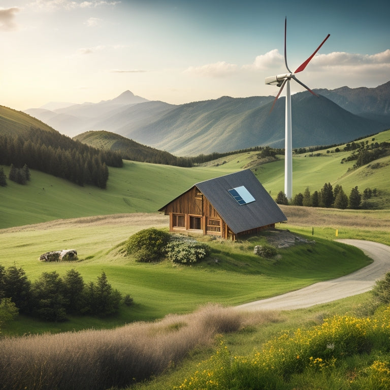 A serene landscape featuring a rustic cabin surrounded by lush greenery, with a winding dirt path, a wind turbine, and solar panels on the roof, set against a backdrop of rolling hills and a distant mountain range.