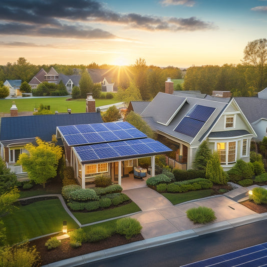 A serene suburban neighborhood with a mix of traditional and modern homes, each featuring sleek solar panels on rooftops, with a few panels angled to showcase their shiny surfaces and sleek mounting systems.