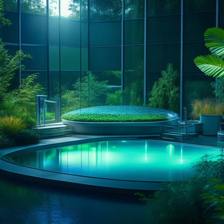 A serene water treatment facility with a glowing UV light chamber, surrounded by vibrant green plants, clear water flowing, and microscopic images of bacteria and viruses being eliminated, illustrating purity and safety.