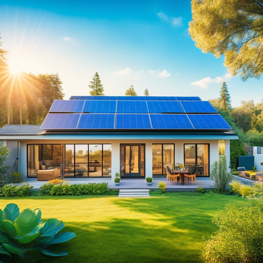 A vibrant image of a modern home with sleek solar panels on the roof, surrounded by lush greenery and clear blue skies, showcasing a team of professionals installing panels with precision and care.